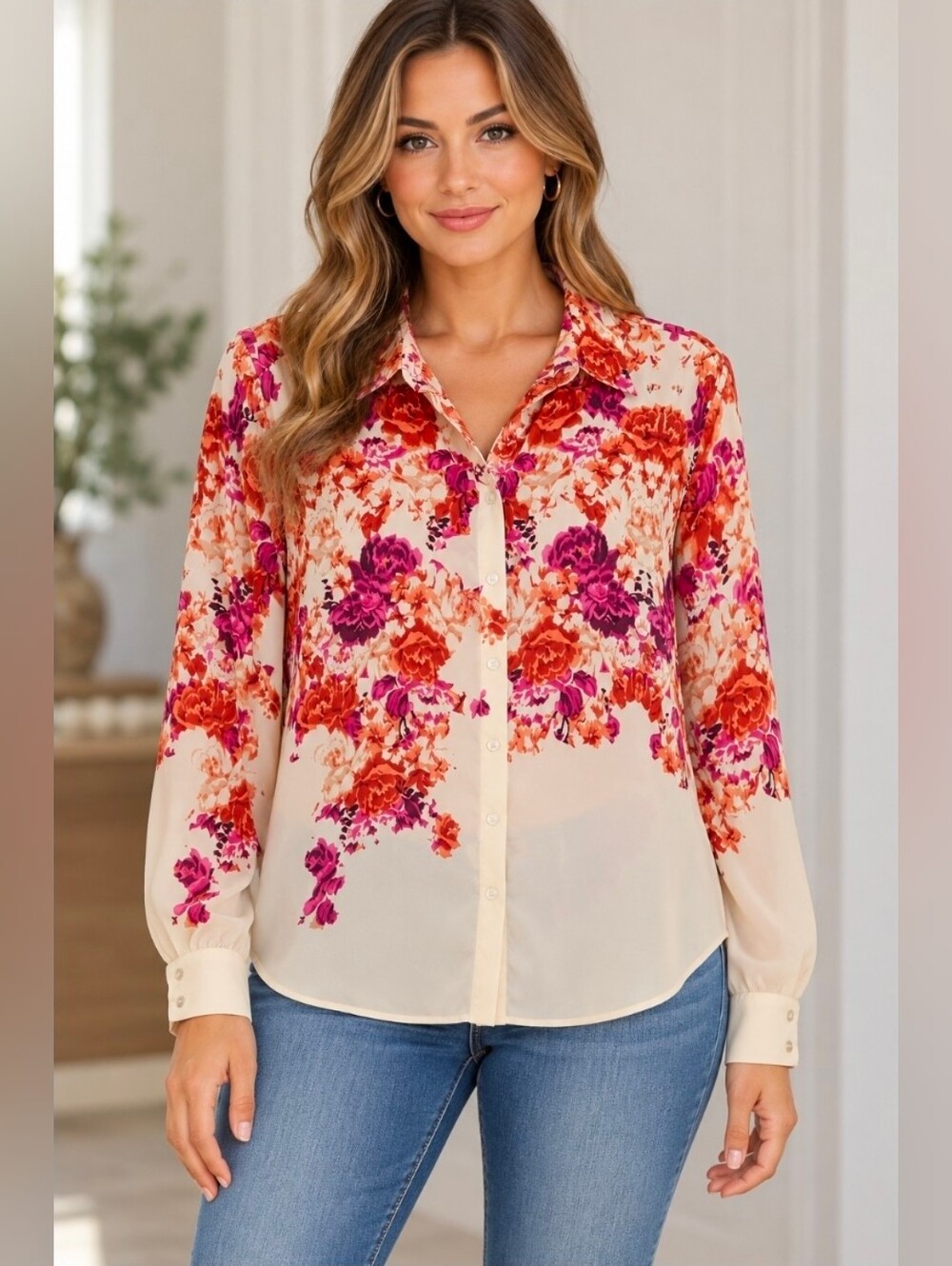 Rose & Olive Cream Floral Button-Up Blouse